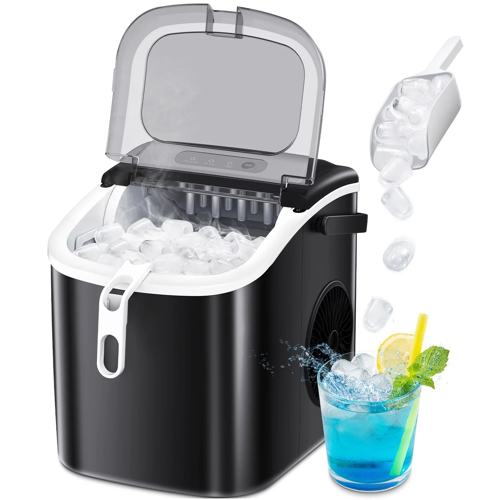 Countertop Ice Maker, Portable Ice Machine with Handle, 26Lbs/24H, 9Pcs/6Mins, One-Click Operation Ice Makers, with Ice Scoop and Basket, for Kitchen/Bar/Party - (Black)