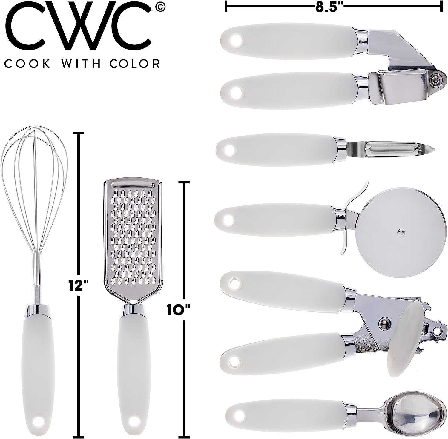 Kitchen Gadget Set Stainless Steel Utensils with Soft Touch Handles, 7 Pc. Stainless Steel, White