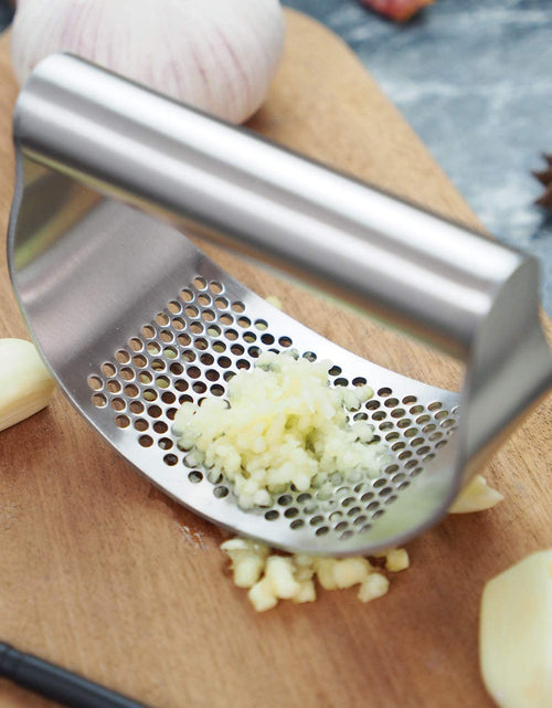 Load image into Gallery viewer, Garlic Press Rocker, Stainless Steel Garlic Crusher, Dishwasher Safe, Ergonomic Handle Garlic Chopper with Silicone Peeler and Cleaning Brush, Rust Proof Garlic Mincer Tool for Kitchen Gadgets
