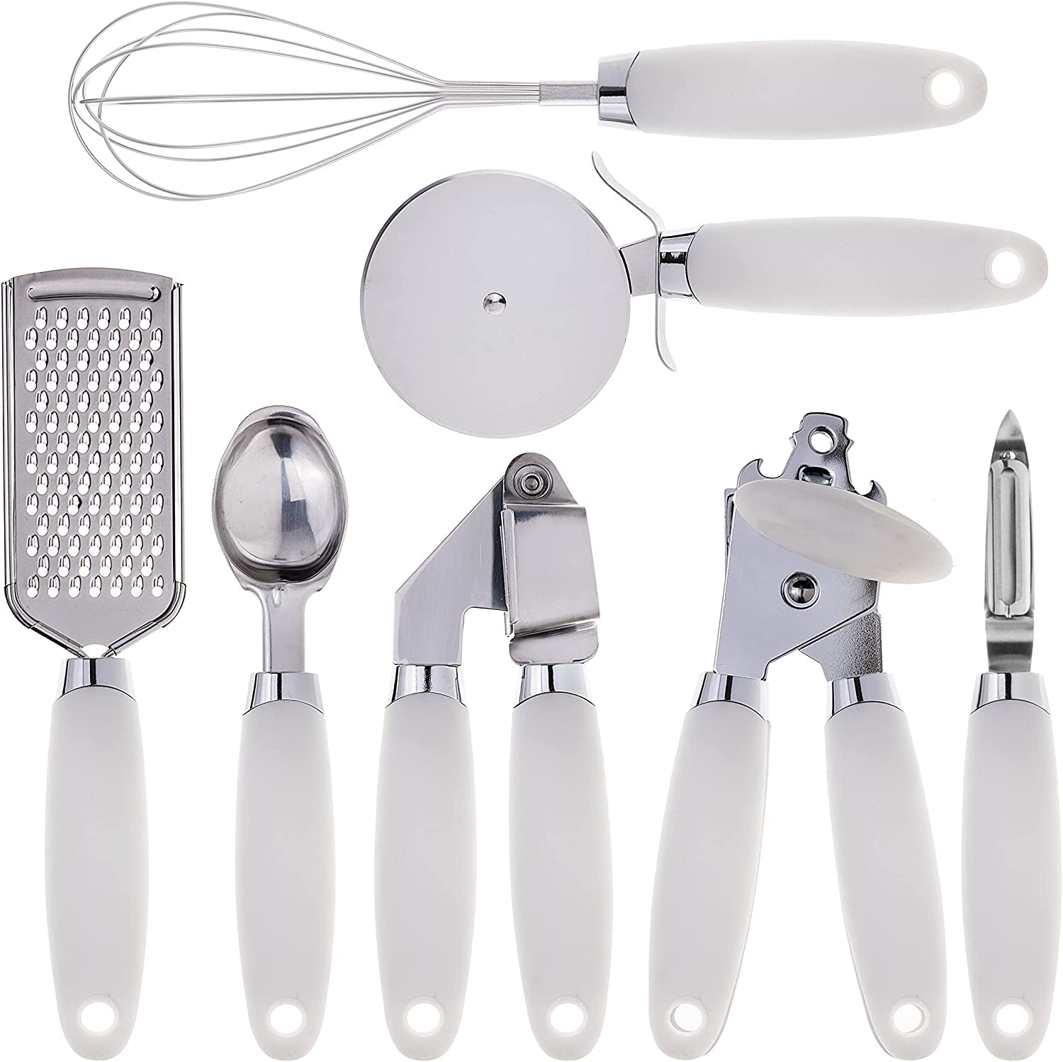 Kitchen Gadget Set Stainless Steel Utensils with Soft Touch Handles, 7 Pc. Stainless Steel, White