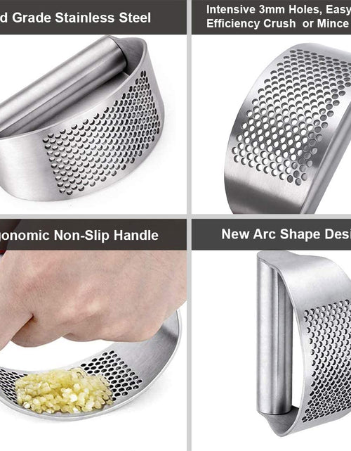 Load image into Gallery viewer, Garlic Press Rocker, Stainless Steel Garlic Crusher, Dishwasher Safe, Ergonomic Handle Garlic Chopper with Silicone Peeler and Cleaning Brush, Rust Proof Garlic Mincer Tool for Kitchen Gadgets
