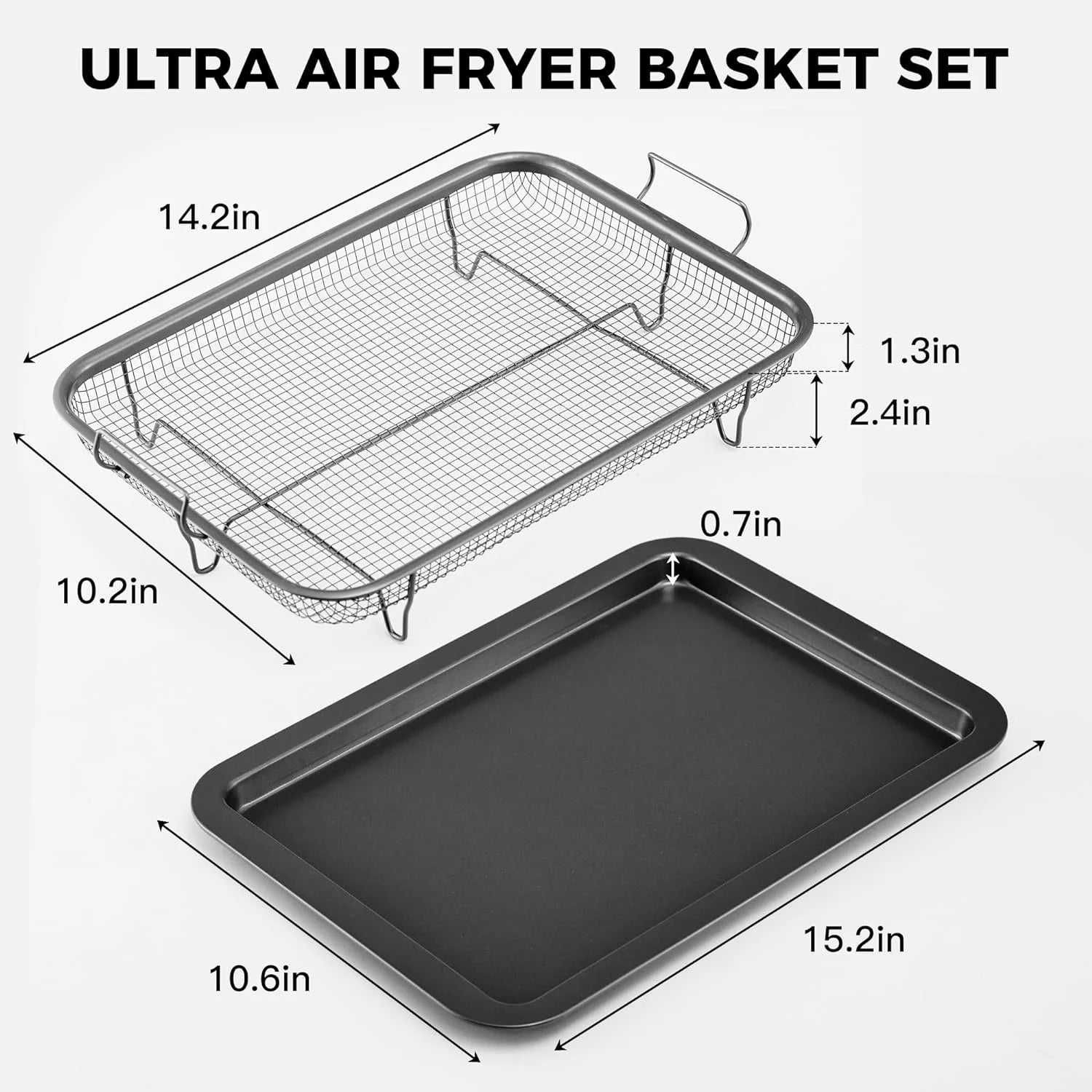 Air Fryer Pan with Basket for Oven, Nonstick Bakeware Sets, Air Fry Crisper Tray with Baking Pan, Wide Edge 2 Pieces, 14 X 10.2Inch, Gray